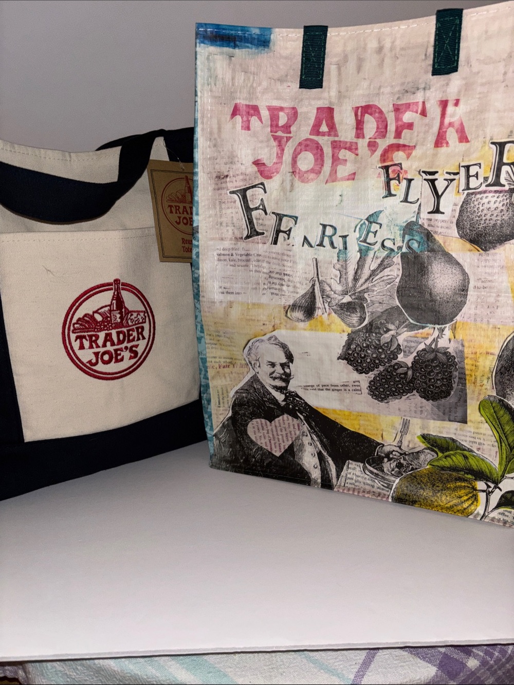 Trader Joe's Large Canvas Tote Bag Navy trim & Discontinued Fearless Flyer Tote!
